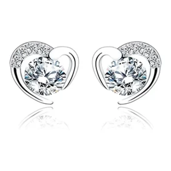 Silver Stud Earrings for Women, Stud Earrings White Gold Cubic Zirconia Heart Studs│Dainty Earrings Jewellery Gifts for Girls