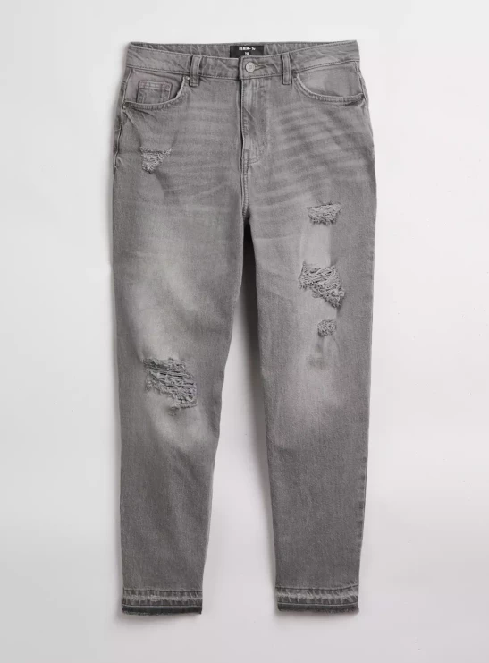 Grey Wash Tapered Distressed Jeans