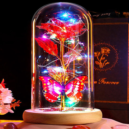 Valentines Day Gifts for Women Flower Galaxy Rose Rainbow Glass Rose Light up Flowers Red