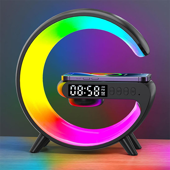 Domigard Wireless Speaker Charger Light, RGB Color Changing Atmosphere Lamp, G-Shaped Bedside Lamp Alarm Clock with Wireless Charger 15W for Bedroom, Birthday Gifts(Black-Charging)