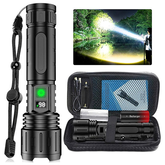 Hoxida Torch LED Rechargeable Torches Super Bright 20000 Lumen Battery Powered Powerful Zoom Tactical Flashlight for Dog Walking Hiking Camping Emergency Gift (Black)
