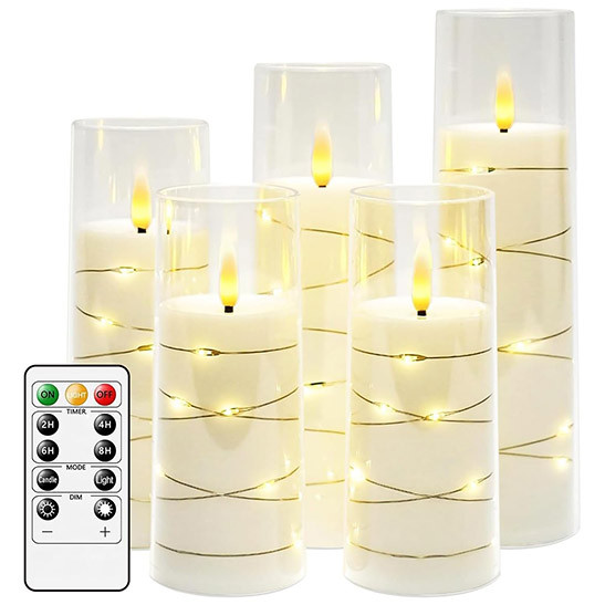 salipt Flameless Candles, LED Battery Operated Flickering Candles, Moving Flame Electric Candle Sets Glass Effect with Remote Timer, Set of 5, H 5" 6" 7" 8" - Fairy Lights Ivory