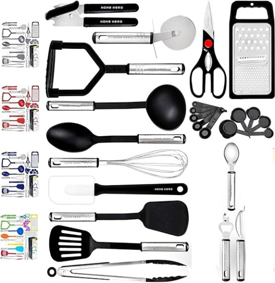 Kitchen Tools Gadgets Accessories, Non-Stick Heat Resistant Spoons Turners Spatula Ladle Set (25 pcs Nylon Set - Black)