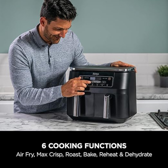 Dual Zone Digital Air Fryer, 2 Drawers, 7.6L, 6-in-1, Uses No Oil, Air Fry, Max Crisp, Roast, Bake, Reheat, Dehydrate, Cooks 4-6 Portions, Non-Stick, Dishwasher Safe Baskets, Black AF300UK