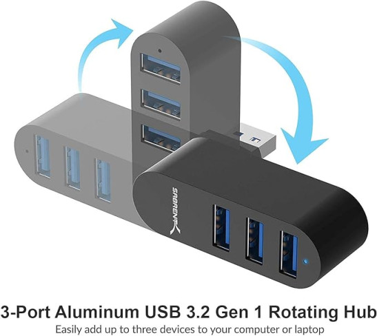 SABRENT USB Splitter Rotatable 90°/180° 3.2x1 USB Hub, 3 Port Aluminum USB Extension, Fast Data Transfer, for PS5, PC, Laptop, Keyboard, MacBook (HB-R3MB)