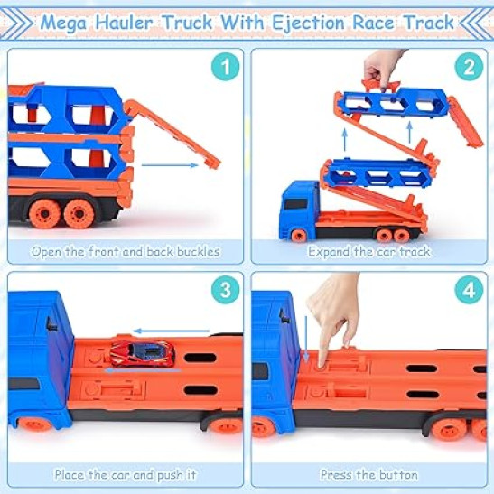 Xoolkly Transport Truck Toy Cars for Boys, Portable Race Track Truck Toy Car with 12 Race Cars, Folding Storage 2 Ejection Race Track, Carrier Truck Toys Set for Boys Girls Aged 3 4 5 6, Blue