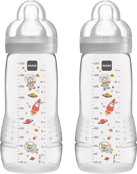 Twin Pack of Easy Active Baby Bottle with Fast Flow, Baby Feeding, 330 ml, Grey (Designs May Vary)