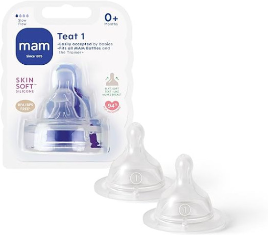 Teats Size 1, Slow Flow Skin Soft Silicone Teats for Baby Bottles, Fits all MAM Bottles, Pack of 2