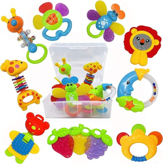 Baby Rattle Teether Toy Set with Storage Box Musical rattles for Newborn Girl Boy 5 6 8 9 12 Month (11pcs)