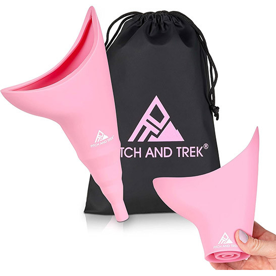 Pitch and Trek Female Urinal, Travel Urination Device w/Carry Bag, Road Trip, Camping & Hiking Essentials for Women, Festival Accessories, Pink