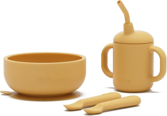 Lalo First Bites Silicone Baby Feeding Set-Baby Led Weaning Supplies-Non-Toxic Silicone - with 2 Spoons, Training Cup, & Suction Bowl - 4 Pieces - Honey