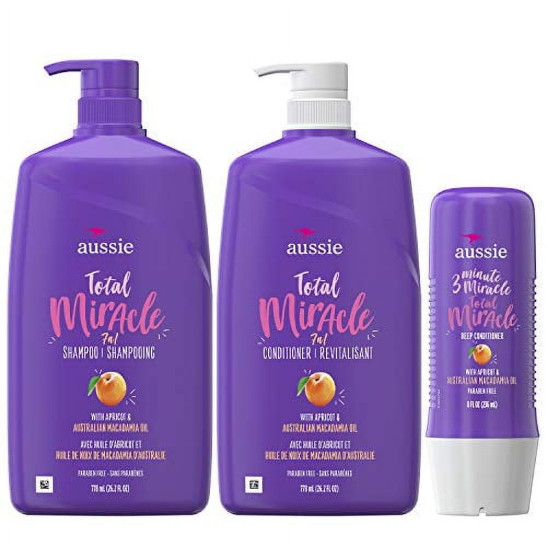 Aussie Total Miracle Hair Care Bundle: Shampoo, Conditioner, and 3 Minute Deep Treatment with Apricot & Macadamia Oil, Paraben-Free for Damaged Hair, 26.2 & 8 Fl Oz