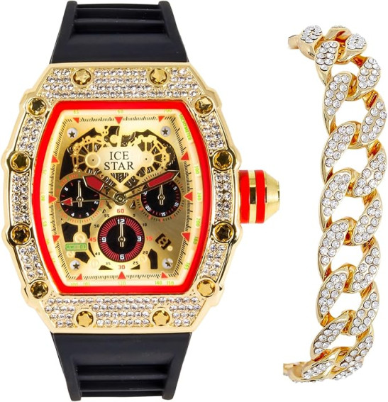 ICE Star Men's 45mm Iced Out Tonneau Shape Watch, Silicone Band