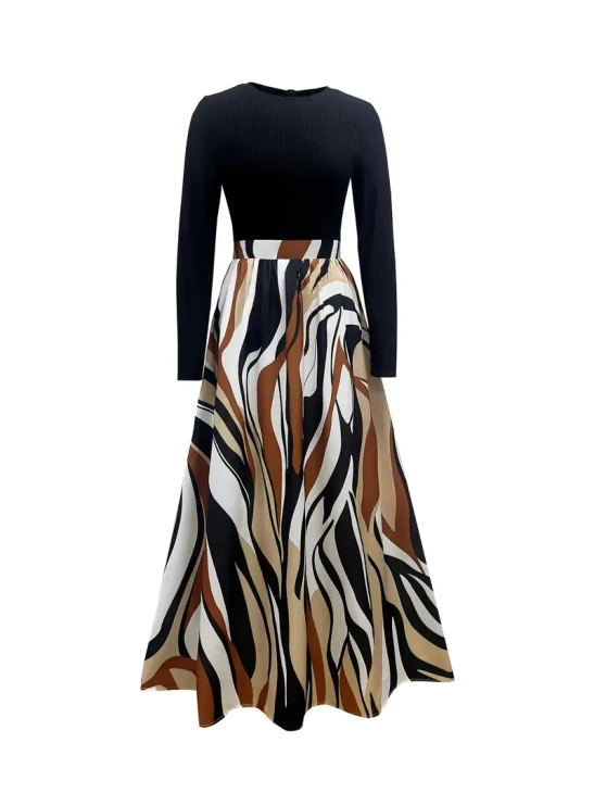 Women's Stylish Zebra Print A-Line Dress - High Waist, Long Sleeve, Round Neck, Flowy Skirt, Lightweight Polyester Blend for Spring/Fall, Occasion Attire | Round Neck Dress | Woven Fabric, Zebra Print Dress