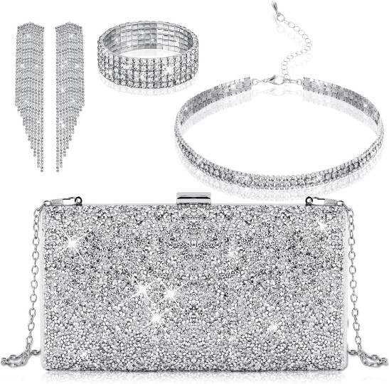 Jadive 4 Pcs Clutch Purses for Women Evening Bags Formal Rhinestone Clutch Purses Bracelet Glitter Bag Handbag Choker for Women Wedding Bridal Wedding Party Festival Gift