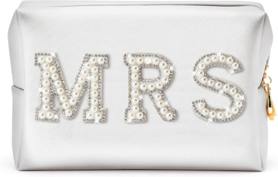 Y1tvei MRS Diamond Cosmetic Bag Rhinestone Patch Letter Sparkle Bride Toiletry Bag White Waterproof Makeup Bag Personalized Gift for Bridal Shower Wedding Bridesmaid (Large White Pearl)