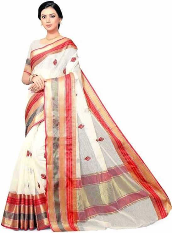 leeza store Women's Kanjivaram Silk Cotton Saree With Blouse Piece (SSilk_Cream), Cream, 5.5 Meters, Cream