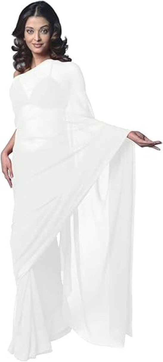 Women's Bollywood Chiffon Plain Sari Festival Uniform Saree Wrap Fabric Unstitched Blouse Piece Party Wear, White, One Size