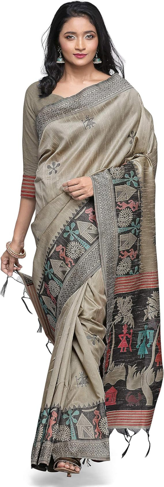 NK Textiles Warli/Tribal Hand Woven Raw Silk Saree with Tassels (20 Designs and Colors), Beige, One Size
