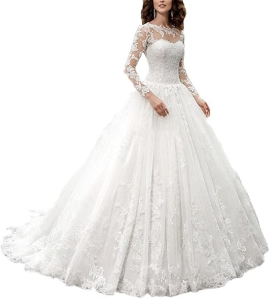 yhfshop Formal Long Evening Party Dress,2021 new long-sleeved lace trailing bridal wedding dress-off white_44,Gowns Evening Bridesmaid Dresses