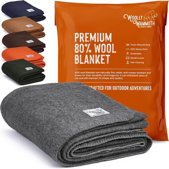 Woolly Mammoth Merino Wool Blanket - Large 66" x 90", 4LBS Camp Blanket | Thick Throw for Cold Weather, Emergency, Camping, Hiking, Survival, Army, Home, Outdoor Blanket, Twin Size Bed, Gray