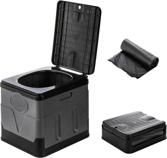 ZENFUN Portable Camping Toilet, Foldable Toilet for Adults, Porta Potty with Thick Black Garbage Bag for Outdoor Emergency, Waterproof Luggable Loo, Hiking, Car, Travel (Black and Grey)