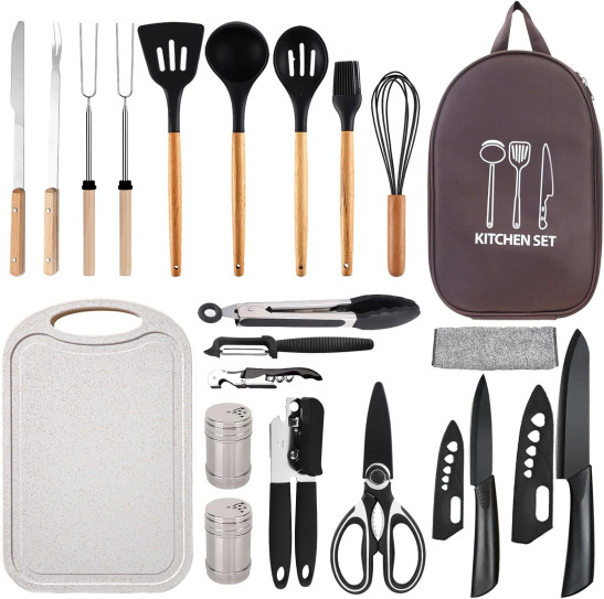 Pansyling Camping Cooking Utensils Set Silicone Camp Kitchen Set, RV Camping Must Haves Camping Utensils Cooking Essentials, Travel Organizer Portable Camp Kitchen Kit with Storage Bag