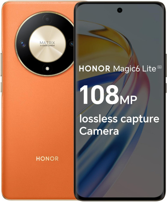 HONOR Magic6 Lite, Sim-Free Mobile Phones, 5G Smartphone, 8GB+256GB, 6,78” Anti-Drop 120Hz Display, 108MP Triple Rear Camera, 5300mAh Battery, Dual SIM, Android 13, Sunrise Orange