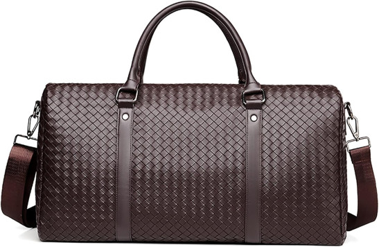 Leather Travel Duffle Bag for Men, Woven Carry On Weekender Overnight Bags for Business Sports Gym, Brown, L