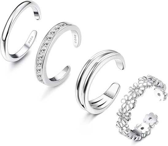 ADRAMATA 4 Pcs 925 Sterling Silver Toe Rings for Women Open Adjustable Band Rings Jewelry Set