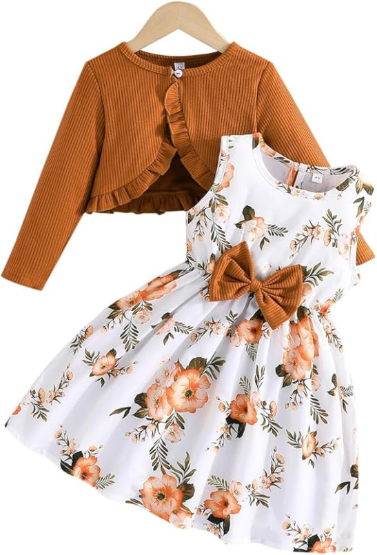 Yanmucy Little Girls Dresses with Cardigan Sets 2PCS Baby Girls Floral Dresses Kids Long Sleeve Coat Clothes for 5-6Years