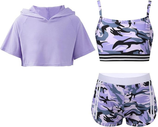 Freebily Kids Girls 3 Pcs Workout Sports Outfit Short Sleeve Hoodies Crop Top with Shorts Set Gym Training Activewear