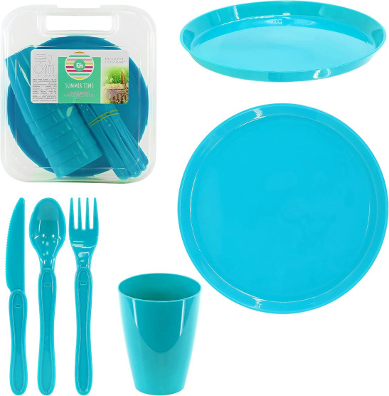 31 Piece Camping Picnic Plastic Utensils BBQ Set with Knives Forks Spoons Cups & Plates, Reusable (Blue)