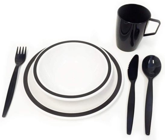 Harfield Black & White Duo Camping Tableware Set - Reusable Virtually Unbreakable Polycarbonate Plastic
