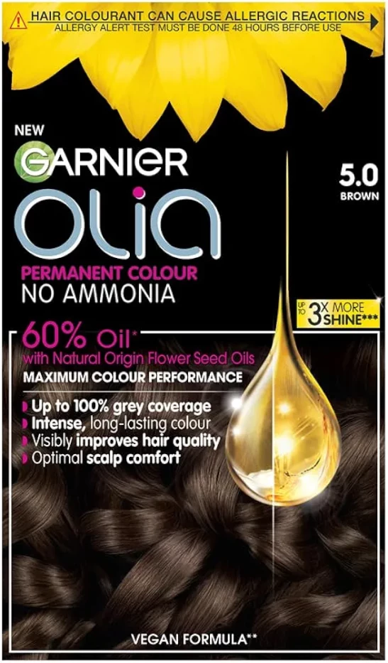 Garnier Olia Permanent Hair Dye, No Ammonia, Full Grey Coverage, Long-lasting Colour & Shine, Vegan Formula, Colour: 5.0 Brown, 230g