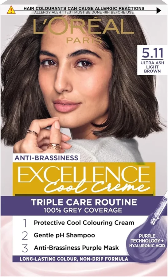 L'Oréal Paris Excellence Cool Crème Permanent Hair Dye, Radiant At-Home Hair Colour with up to 100% Grey Coverage, Pro-Keratin, Up to 8 Weeks of Colour, Colour: 5.11 Ultra Ash Light Brown
