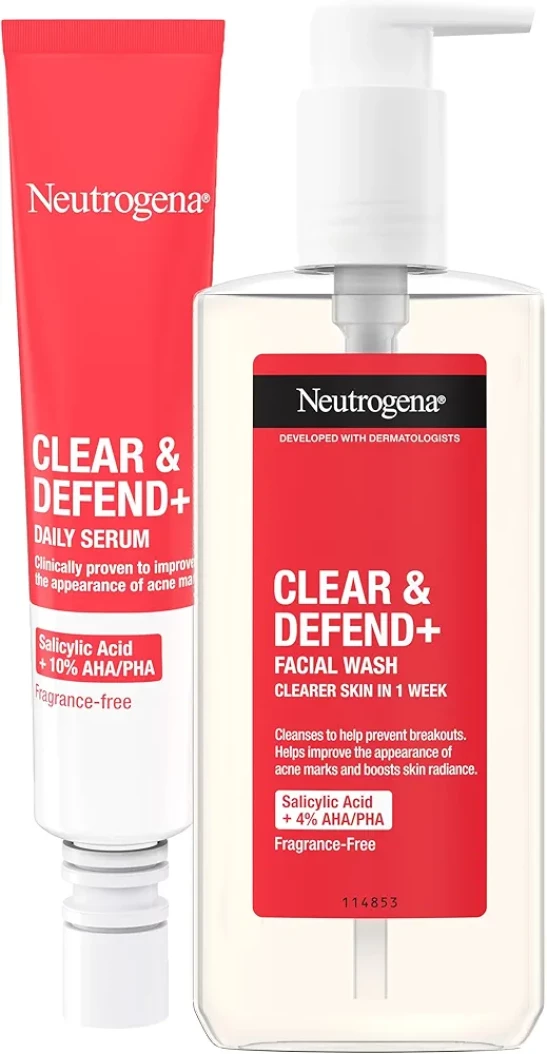 Neutrogena Clear & Defend+ Skincare Set with Facial Wash (1x 200ml) and Face Serum (1x 30ml), Clearing 2-Step Skincare Set with Salicylic Acid, AHA/PHA for Spot-Prone Skin to Help Fight Breakouts