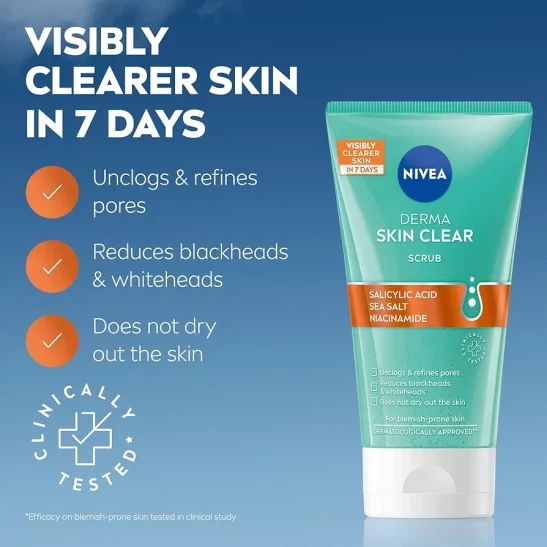 NIVEA Derma Skin Clear Scrub (150ml), Exfoliating Face Scrub, Salicylic Acid Face Scrub Enriched with Niacinamide to Unclog Pores and Refine Skin Textures, For Blemish-Prone Skin,Packaging may vary