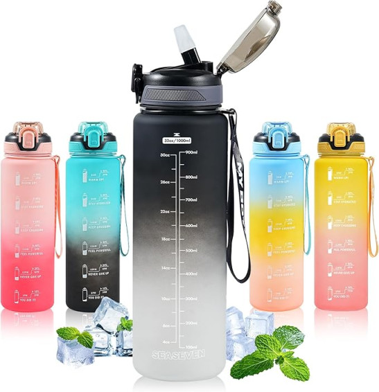 SEASEVEN 1L Water Bottle with Straw,Plastic Drinks Bottle,1 Litre Sports Water  Bottles with Time Markings,Girls Boys Waterbottle Leak-Proof & Bpa-Free for  Gym,Cycling, Office, Outdoor | British Marketplace