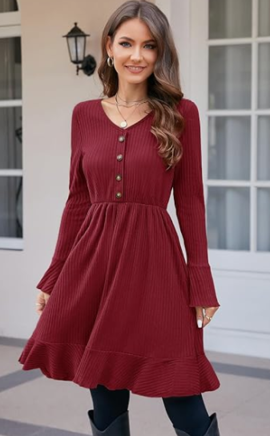 cheap winter dresses uk ULTRANICE Jumper Dress for Women Ladies V Neck Knitted Casual Decor Buttons Long Sleeve Dress Size- XL Sophia Tolli A-line Wedding Style SKU: F-DRS-HVN-VNK-MINI Royal Combo:M