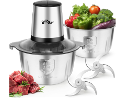 Bear Food Processor with 2 Bowls (1.8L+1.8L),300W Electric Food Chopper with 2 Sets of 304 Stainless Blades, 2 Speed Meat Grinder for Meat, Vegetables, Fruits and Nuts, BPA Free