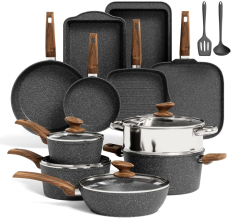 Kitchen Academy 17pcs Induction Hob Pan Set, Black Granite Cookware Sets